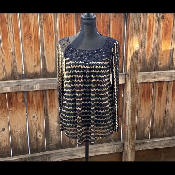 Free People New Romantics top long sleeve lace gold beading black sheer Small - Picture 1 of 5